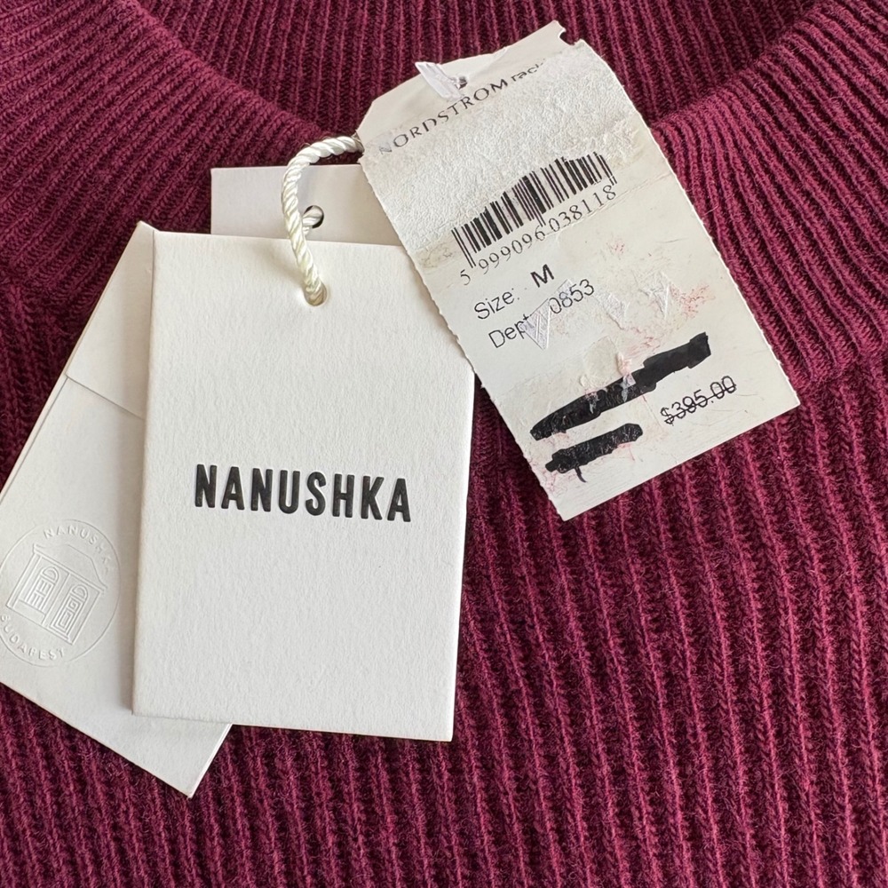 Nanushka Medium Berry Maroon Bell Sleeve Wool Cashmere Blend Knit Mini Dress Rib - Picture 5 of 8